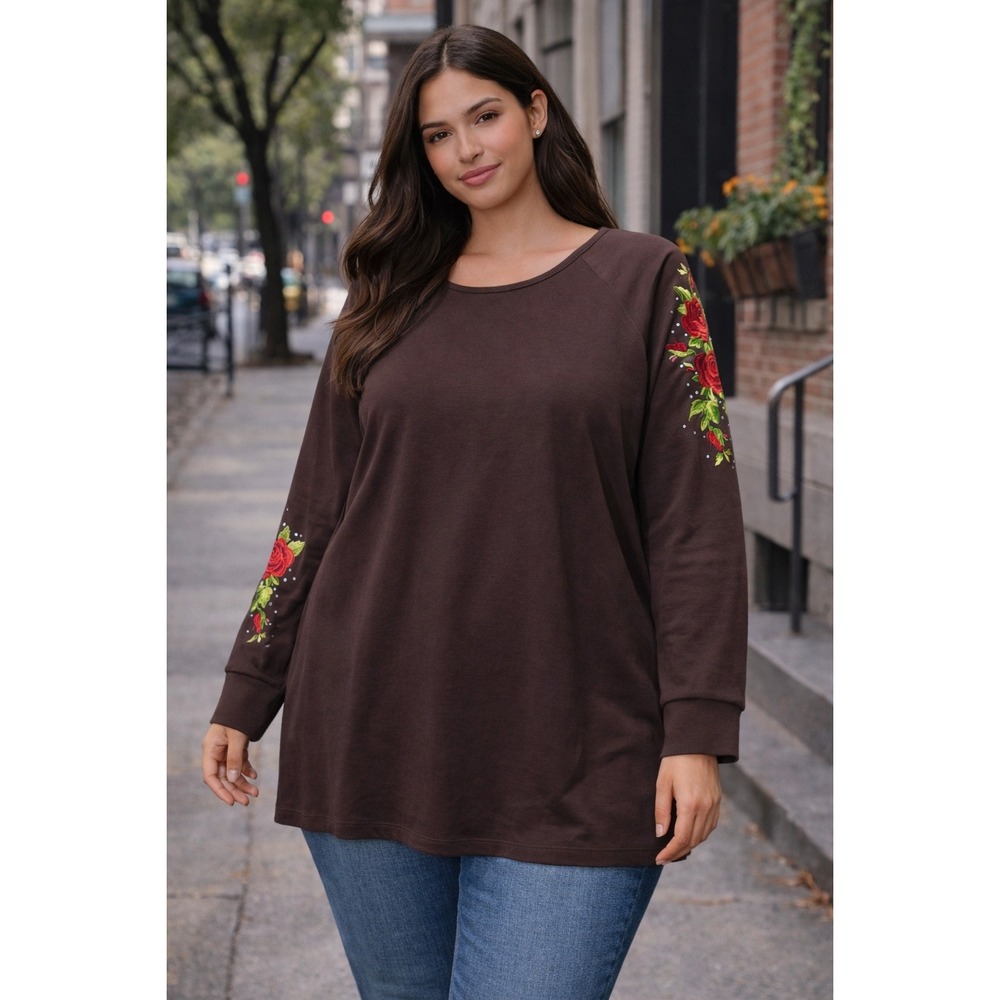 Quacker FactoryWomen Blouse Brown Rose Floral Embroidered Top‎ XL Long Sleeve